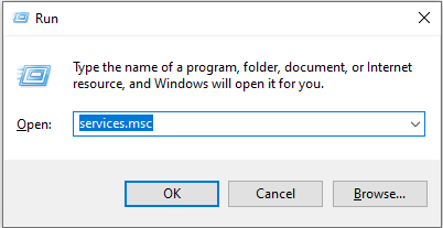 Run dialog with services.msc entered