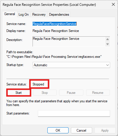 Windows Services window with Regula&nbsp;Face&nbsp;Recognition&nbsp;Service