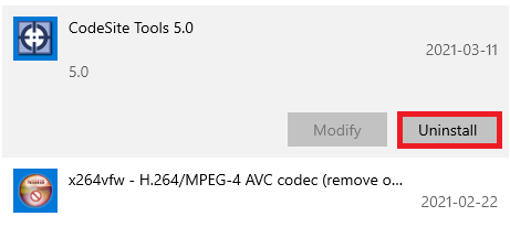 Uninstall CodeSite from Apps and Features